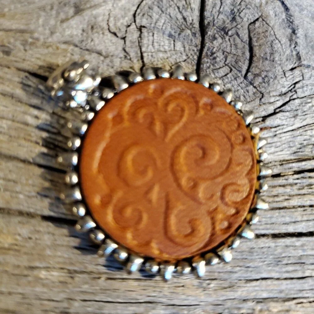 Vintage Brown Leather Embossed Swirls Bali Style Bail Silver Pewter Pendant